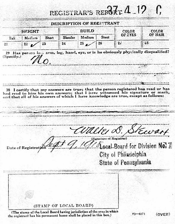 Ernest V. Troback WW1 Draft Registration