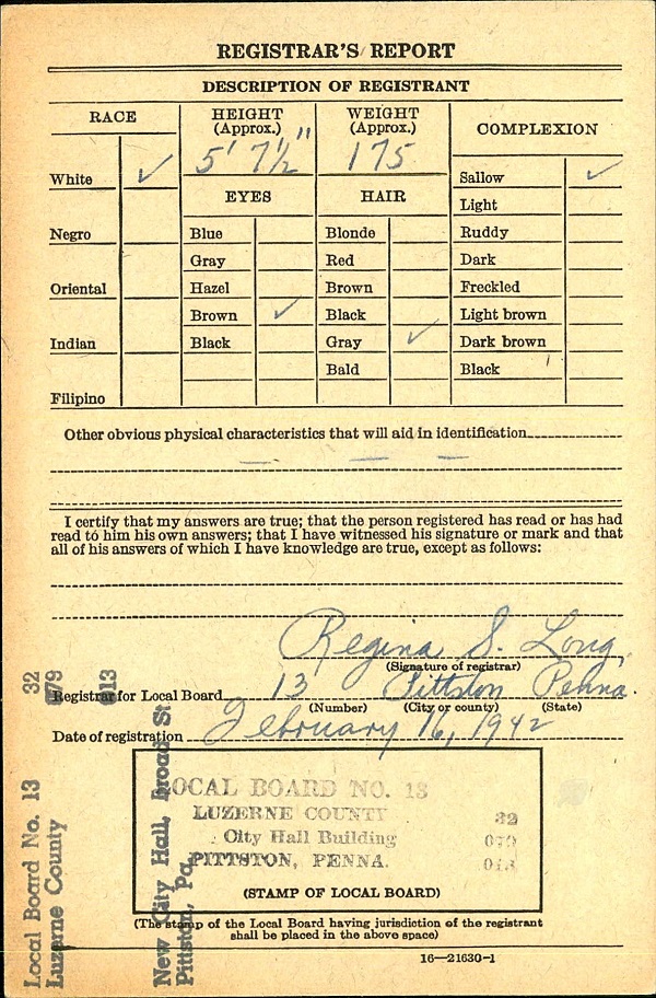 Ernest V. Troback WW2 Draft Registration