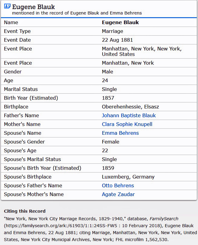 Eugene Blanck and Emma Behrens Marriage Record Index