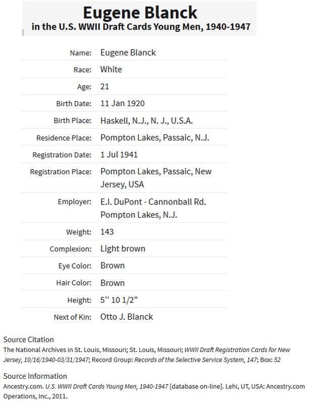 Eugene C. Blanck WW2 Draft Registration