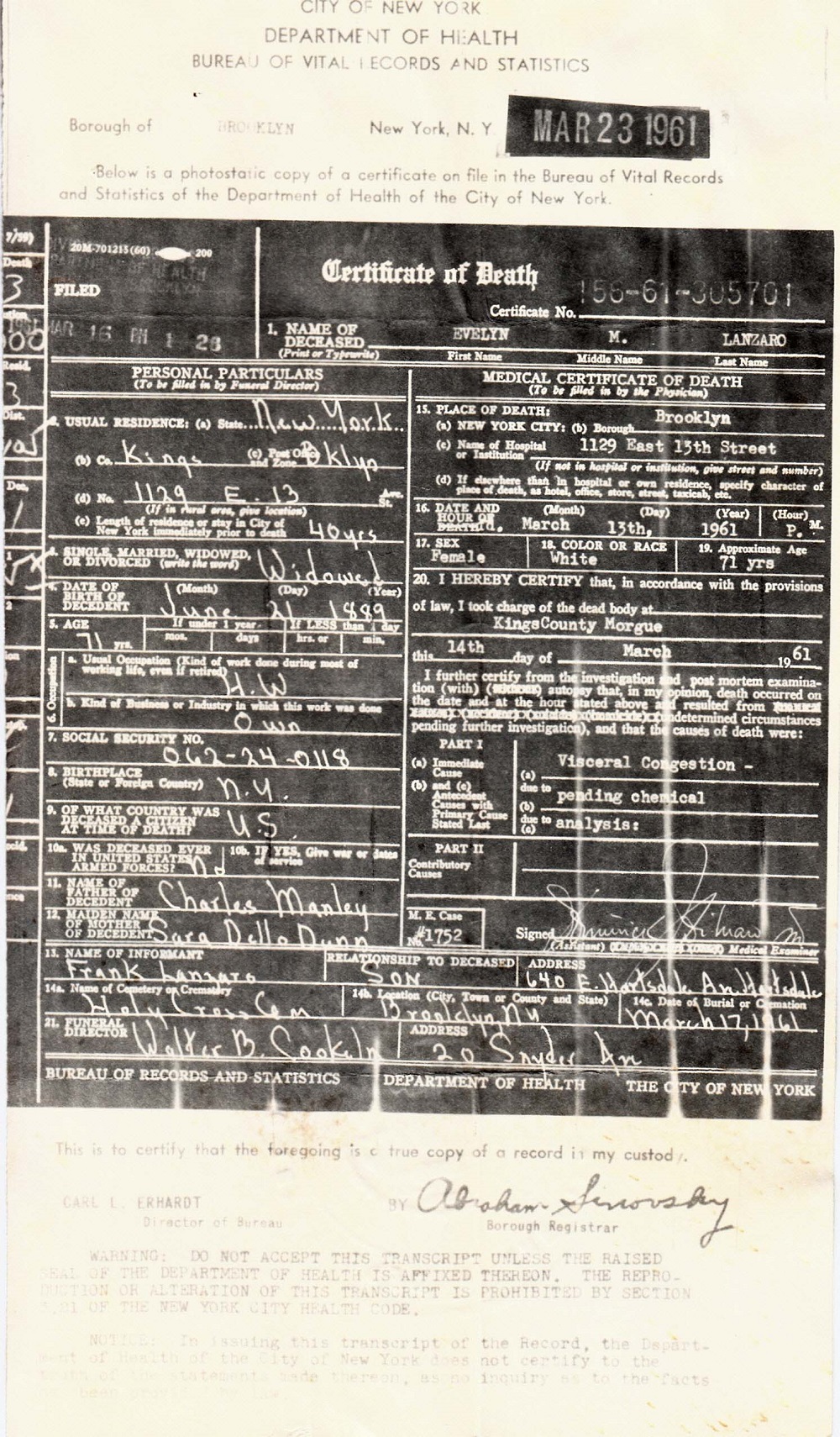 Evelyn Manley Lanzaro Death Certificate