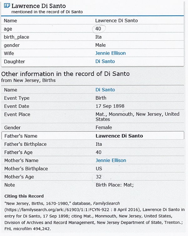 Female DiSanto Birth Record