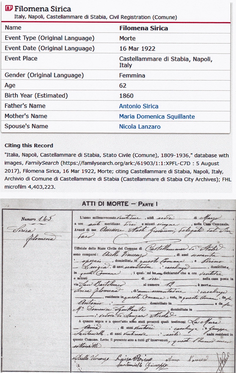 Filomena Sirico Lanzara Death Record
