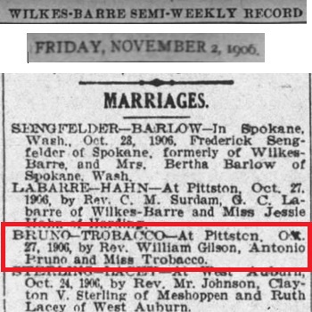 Filomena Trobacco and Anthony Bruno Marriage Record