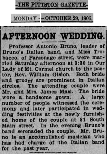 Filomena Trobacco and Anthony Bruno Marriage Record