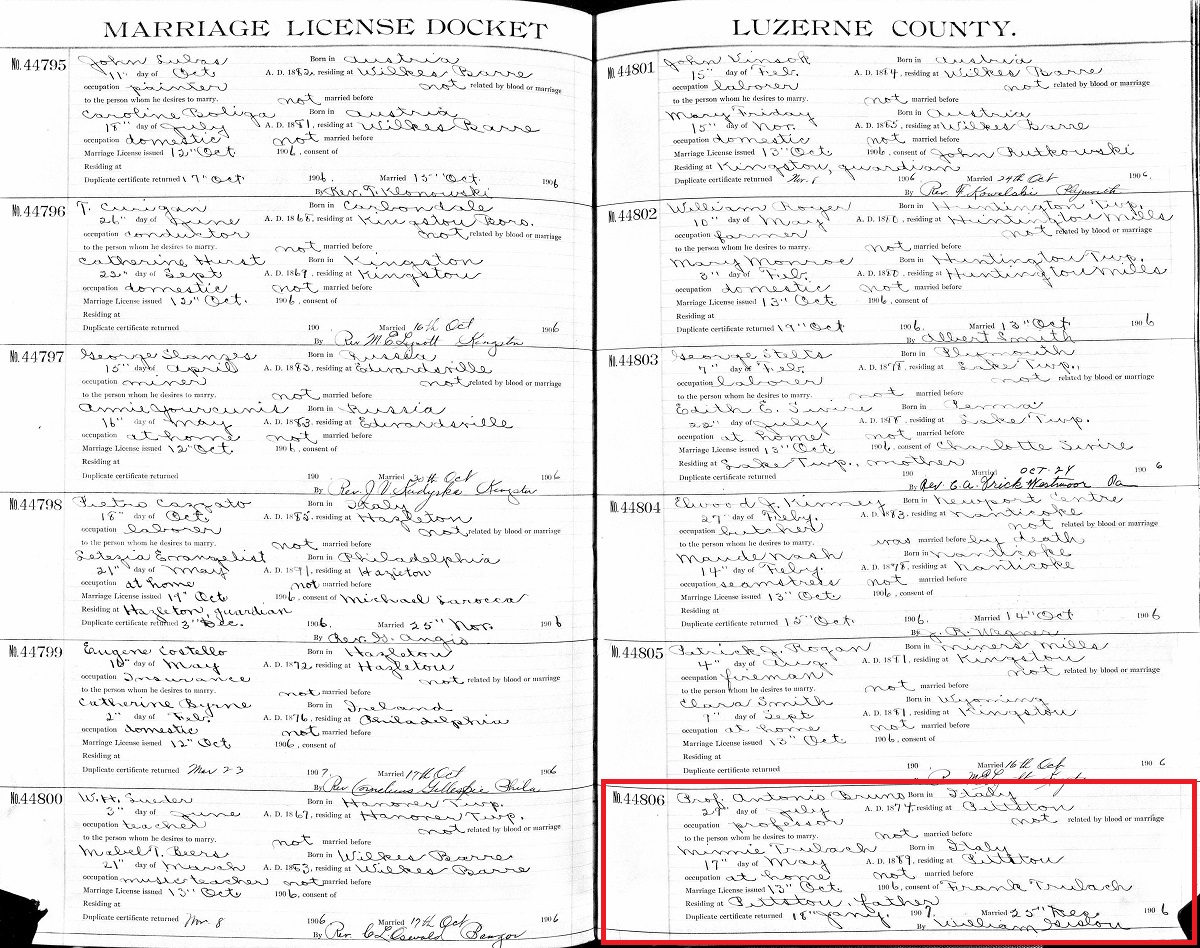 Filomena Trobacco and Anthony Bruno Marriage Record
