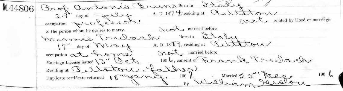 Filomena Trobacco and Anthony Bruno Marriage Record