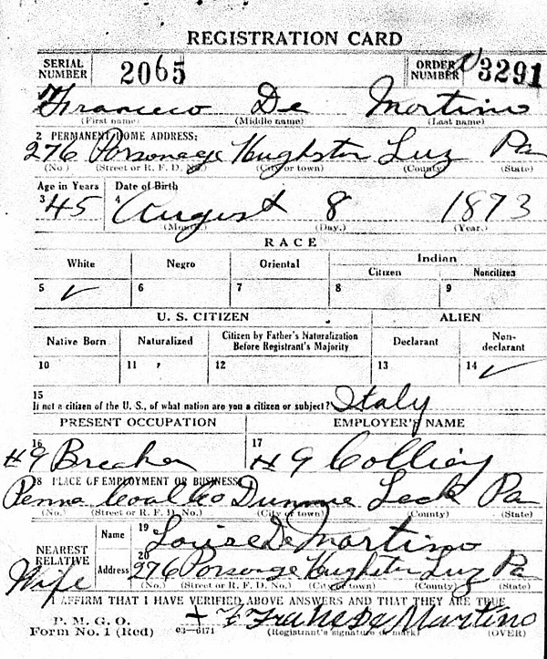 Francesco DeMartino WW1 Draft Registration