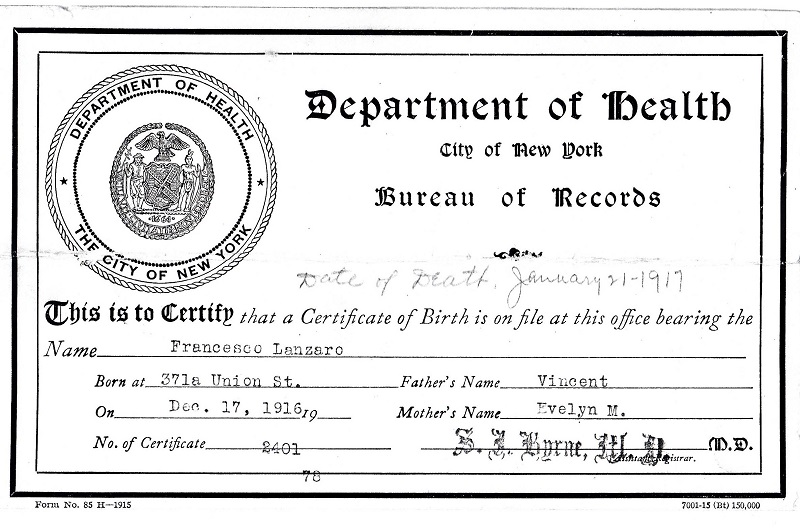 Francesco Lanzaro Birth Record