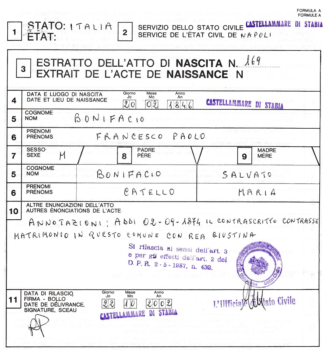 Francesco Bonifacio Birth Extract