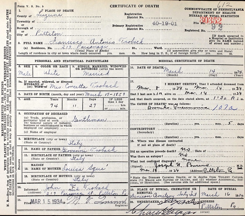 Francesco Antonio Trobacco Death Certificate