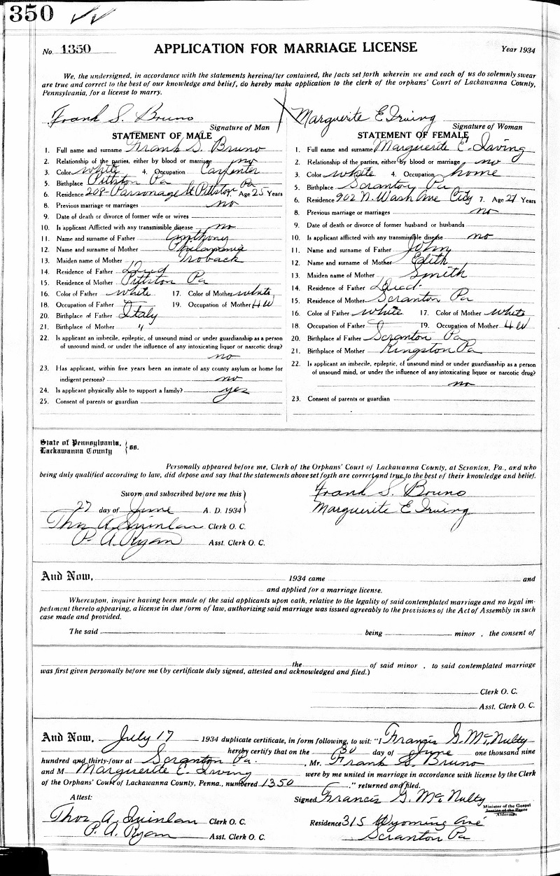 Frank Bruno and Marguerite Irving Marriage Record