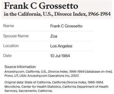 Frank Charles Grosseto and Zoa Lopez Divorce