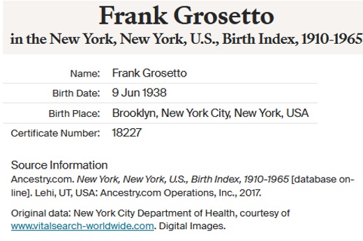 Frank Charles Grosseto Birth Index