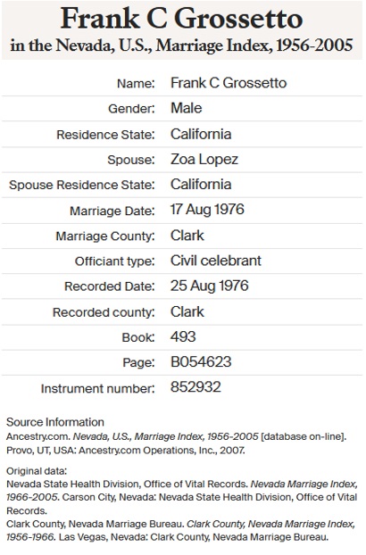 Frank Charles Grosseto and Zoa Lopez Marriage