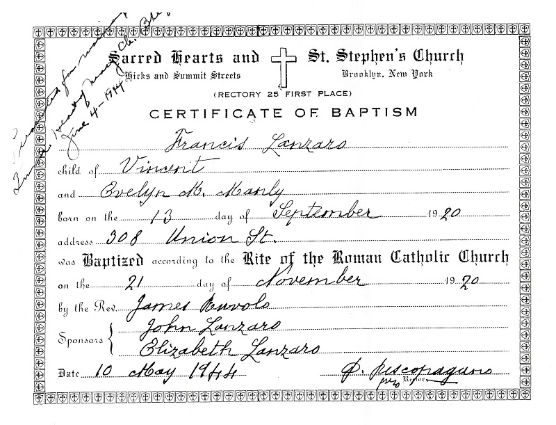 Frank Charles Lanzaro Sr. Birth Record