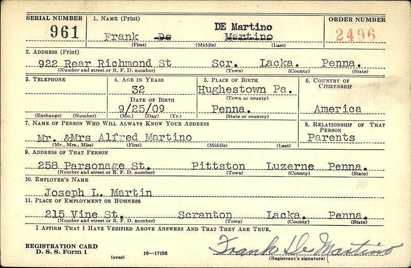 Frank DeMartino World War II Draft Registration