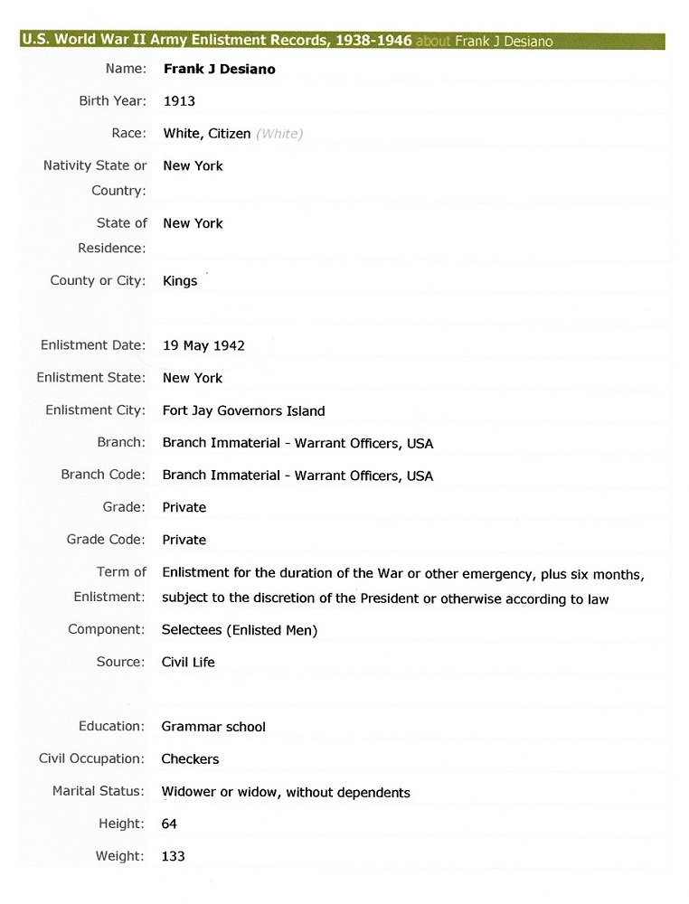 Frank Desiano Military Enlistment Record