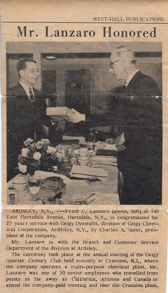 Frank Honored by Geigy Chemical Corporation
