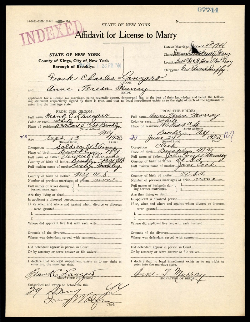 Frank C. Lanzaro Sr. and Anne T. Murray Marriage Certificate