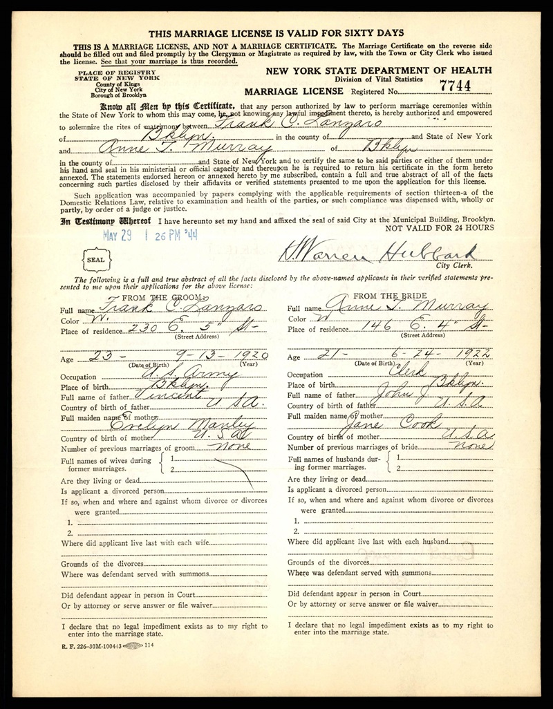 Frank C. Lanzaro Sr. and Anne T. Murray Marriage Certificate