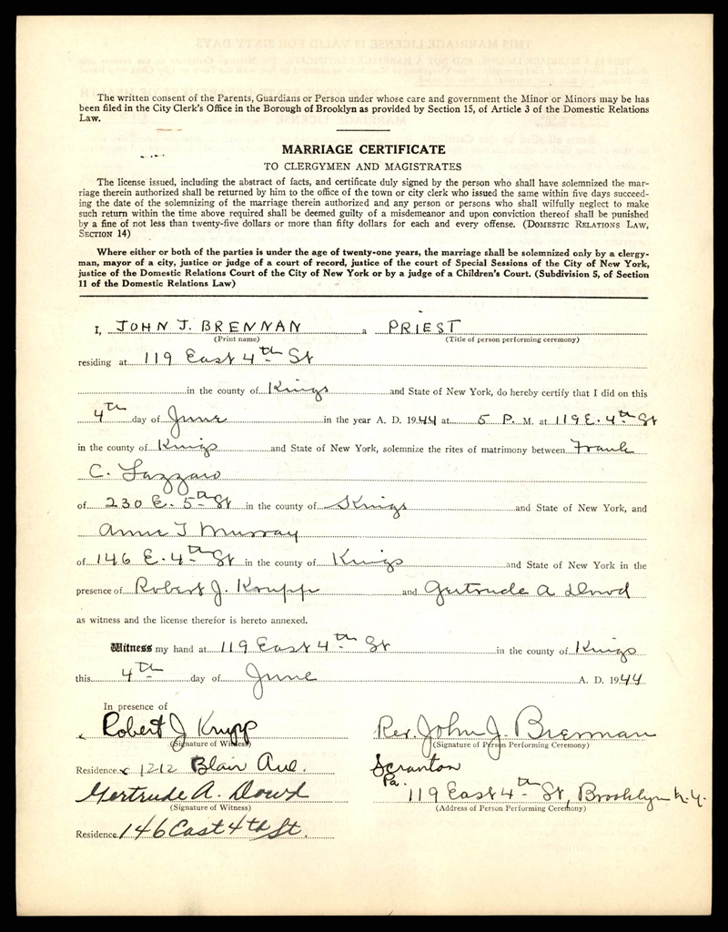 Frank C. Lanzaro Sr. and Anne T. Murray Marriage Certificate