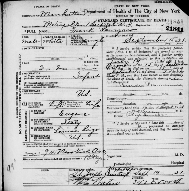 Salvatore Lanzaro Death Certificate