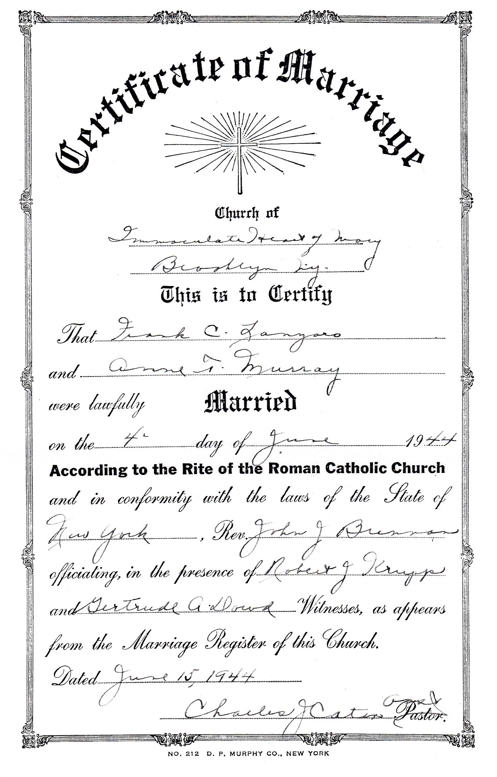 Frank C. Lanzaro Sr. and Anne T. Murray Marriage