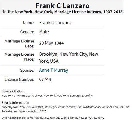 Frank C. Lanzaro Sr. and Anne T. Murray Marriage