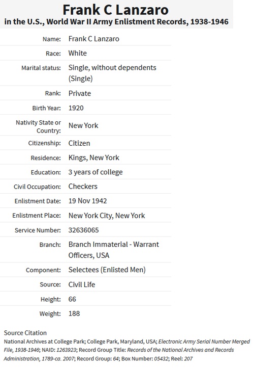 Frank C. Lanzaro Sr. World War Enlistment Records