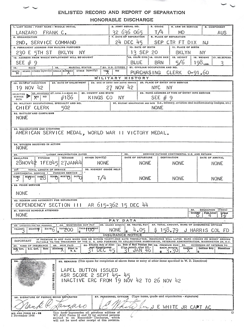 Frank C. Lanzaro Sr. World War Enlistment Records