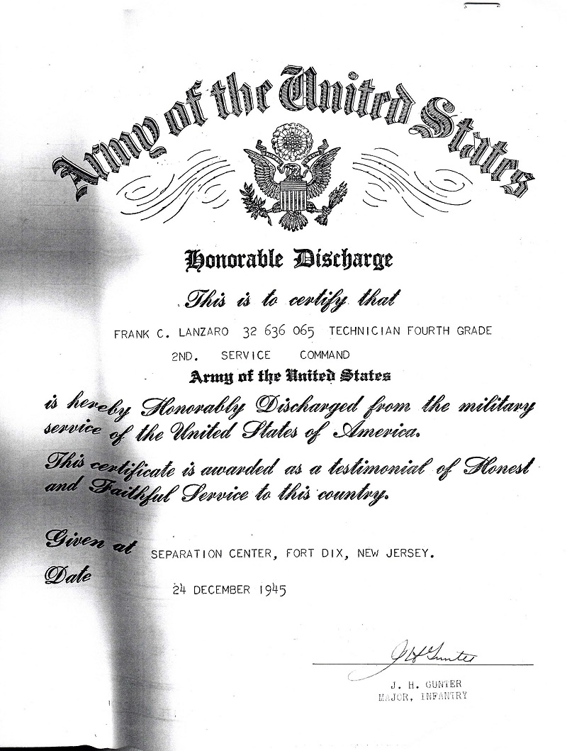 Frank C. Lanzaro Sr. World War Enlistment Records
