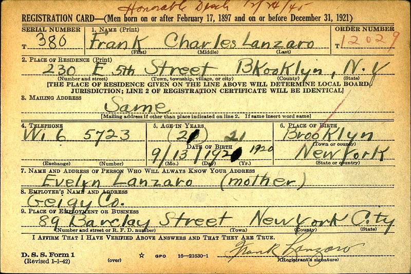 Frank C. Lanzaro Sr. World War II Draft Registration