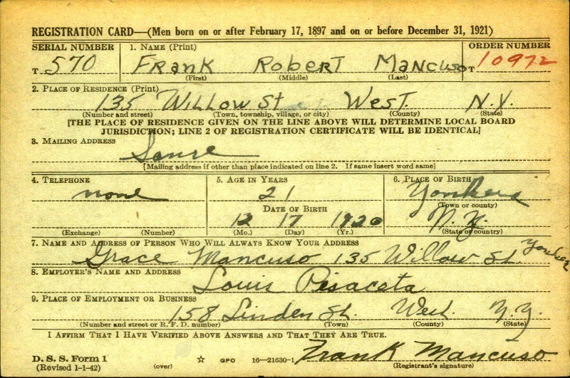Frank R. Mancuso WW2 Draft Registration