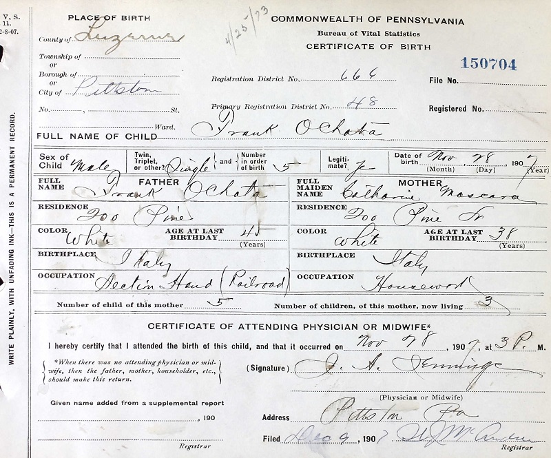 Frank Occiato Birth Certificate