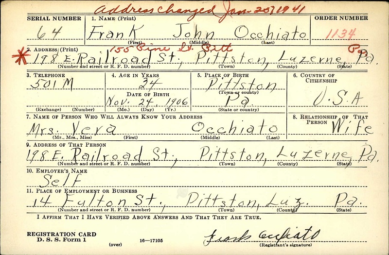 Frank Occhiato WW2 Draft Registration