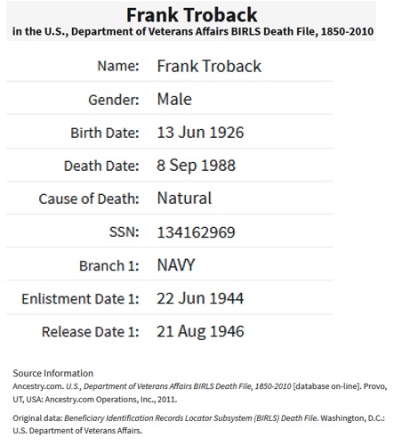 Frank Troback Military Service Record