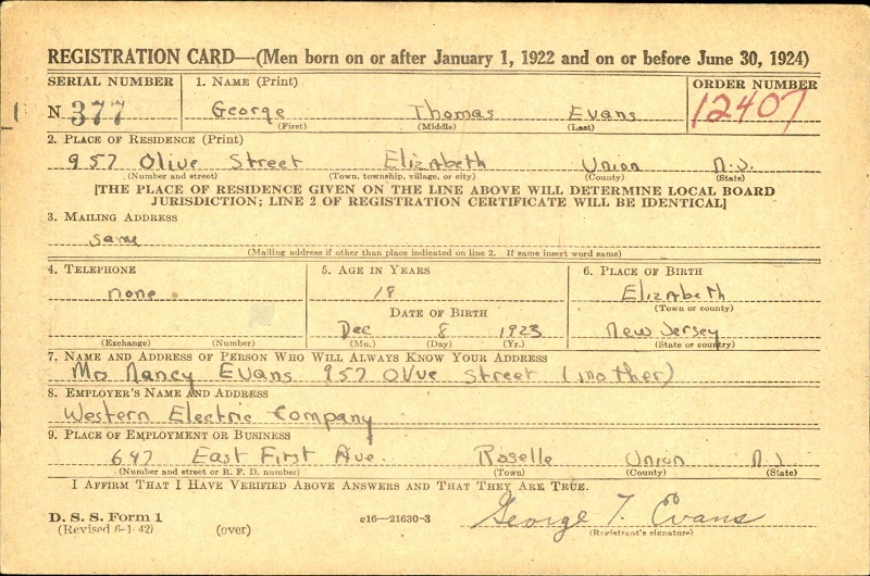George T. Evans WW2 Draft Registration