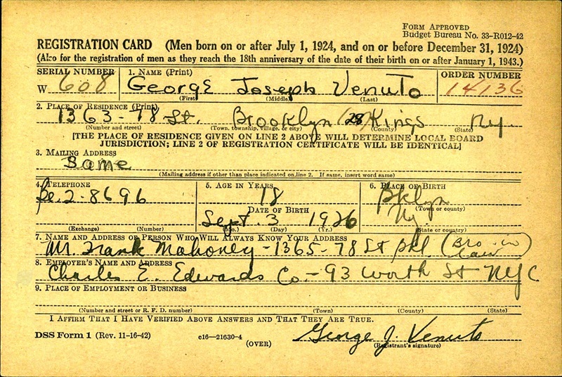 George Venuto WW2 Draft Registration