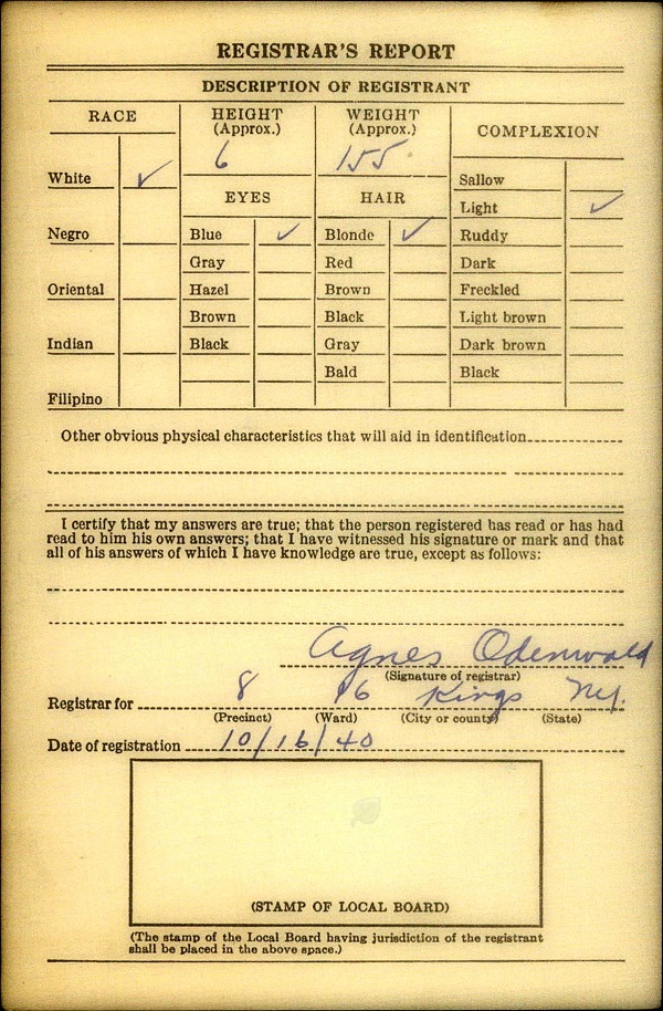 Gerard J. Lau Sr. WW2 Draft Registration