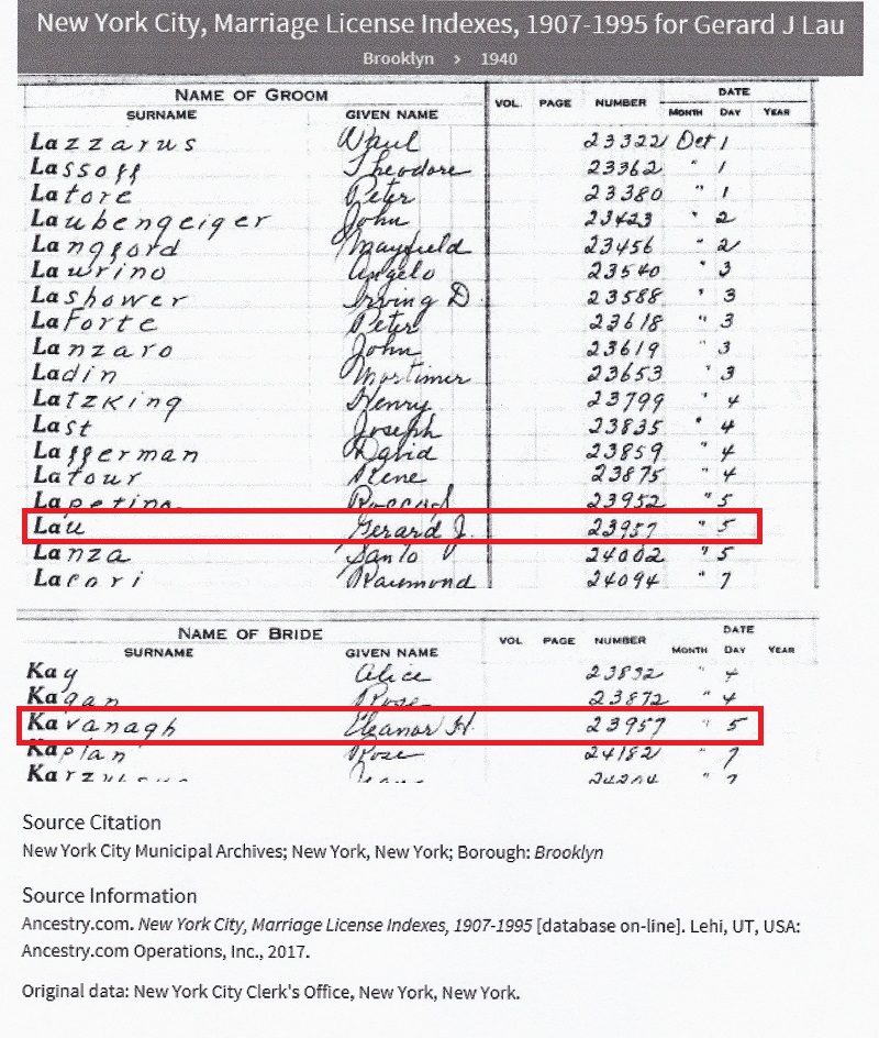 Gerard J. Lau and Eleanor M. Kavanagh Marriage Record