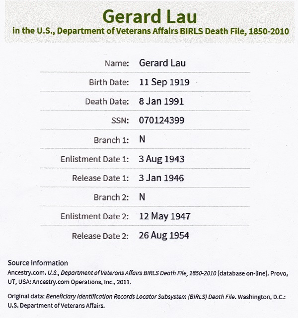 Gerard J. Lau Sr. Millitary Record