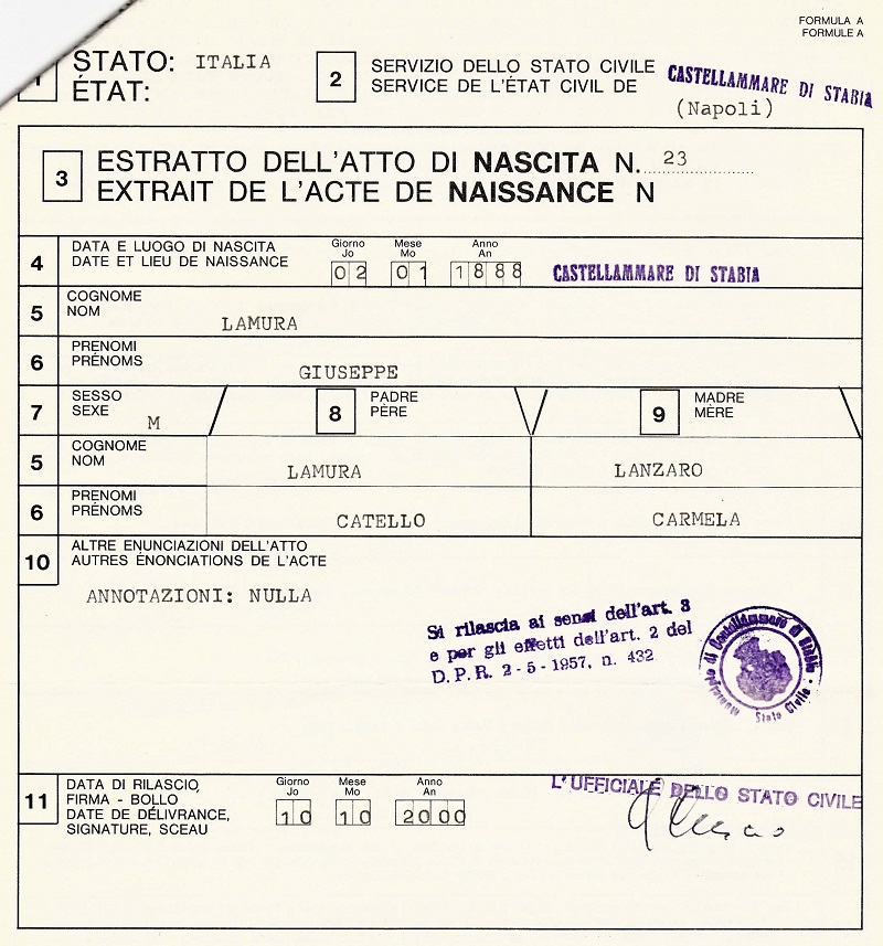 Joseph LaMura Sr. Birth Extract