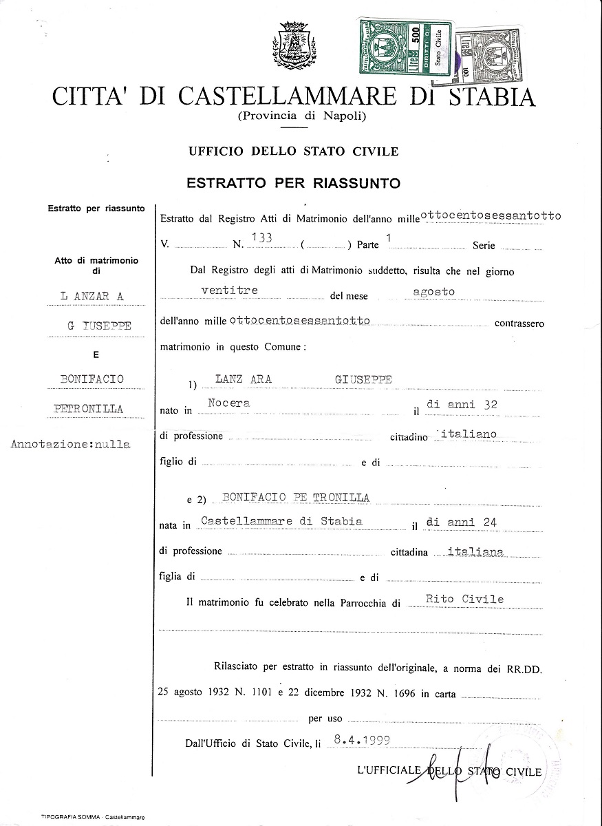 Giuseppe Lanzara and Petronilla Bonifacio Marriage Record
