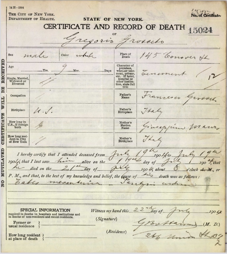 Gregorio Grossetto Death Certificate