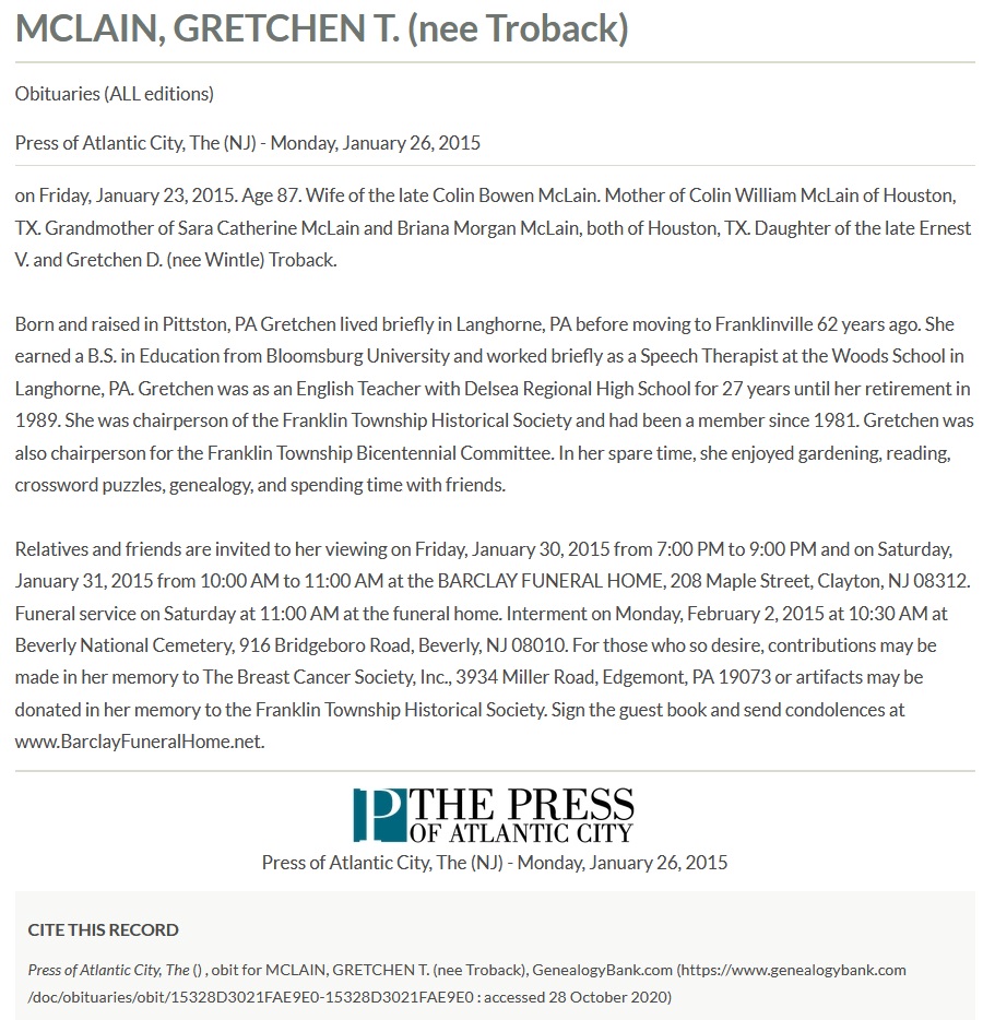 Gretchen Dorcas Troback McLain Obituary