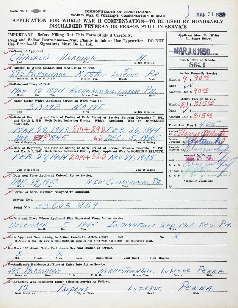 Harding Chiavacci Service Record