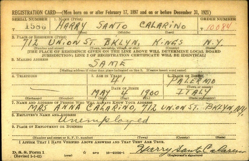 Harry Calarino World War II Draft Registration