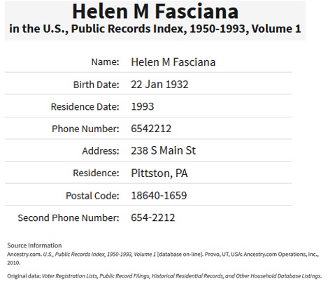 Helen Occhiato Birth Record