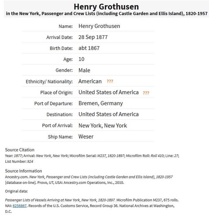 Johann Grothusen immigration Record